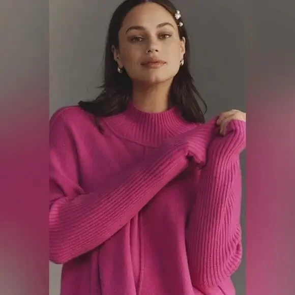 Maeve Anthropologie Pink Mock Ribbed Dolman Gretchen Sweater M Oversized 2/8 - Picture 4 of 11
